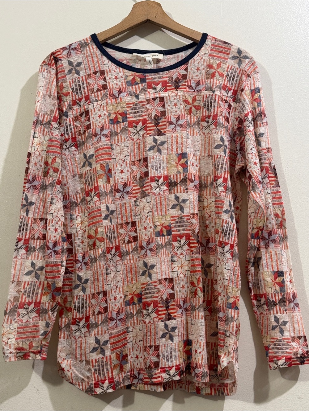 Isabel Marant Red Multi Patchwork-Print Long Sleeve Top with Navy Trim